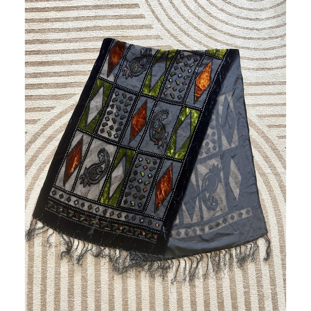 Vintage Silk Velvet Burnout Pashmina Scarf Wrap Shawl Silk Black Rave Boho